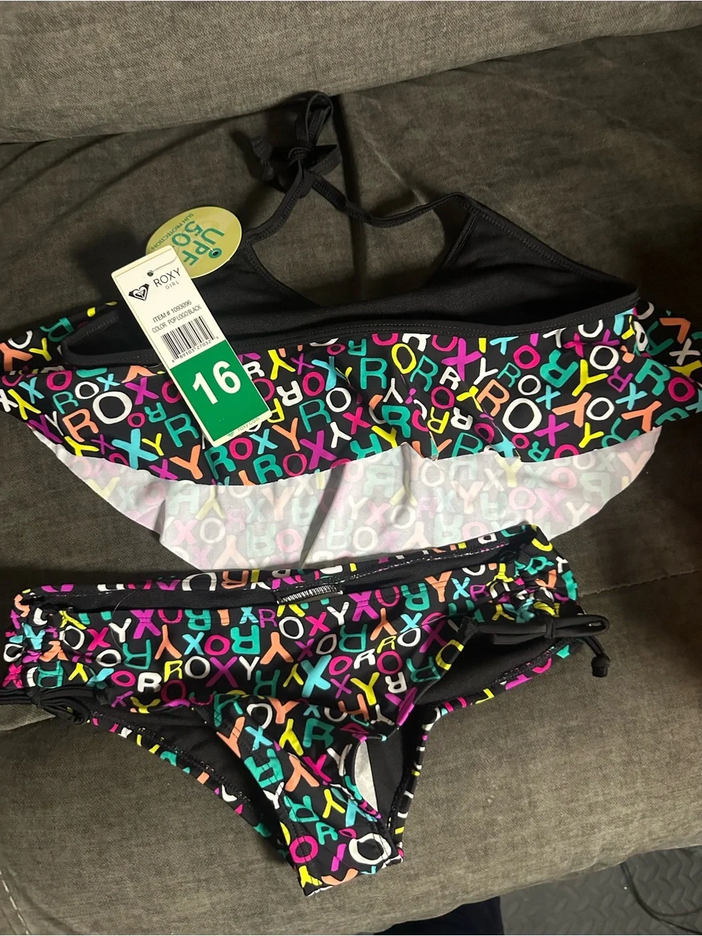 Roxy Black Bikini Set with Multicolor Logo Print